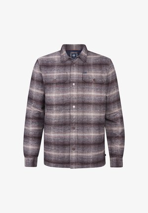 Chemise en flanelle à carreaux dans des tons marron, crème et gris. Dotée d'un bouton devant, de deux poches poitrine et d'un ourlet droit.