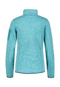 Giacca di pile turchese con colletto alto, maniche lunghe e un motivo testurizzato. Presenta un accento blu solido sulla manica sinistra.
