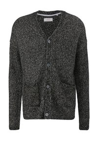 Cardigan a maglia mottled in bianco e nero, con scollatura a V, cinque bottoni, due tasche frontali e polsini a coste sulle maniche e sull'orlo.
