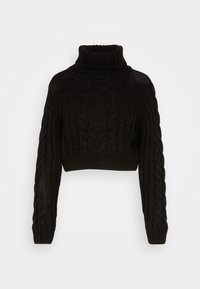 Schwarzer, kurzer Pullover mit hohem Kragen und langen Ärmeln. Besitzt ein strukturiertes Kabelstrickmuster sowie gerippte Bündchen und einen gerippten Saum.