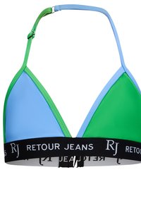 Top bikini triangolare in pannelli blu e verdi, con un elastico nero recante il testo "RETOUR JEANS" e spalline verdi regolabili.