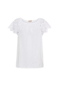 Hvid bluse med korte, broderede ærmer og en rynket halsudskæring. Lavet af let stof med blomsterudsavede mønstre på ærmerne.