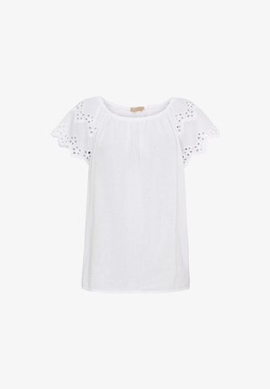 Hvid bluse med korte, broderede ærmer og en rynket halsudskæring. Lavet af let stof med blomsterudsavede mønstre på ærmerne.