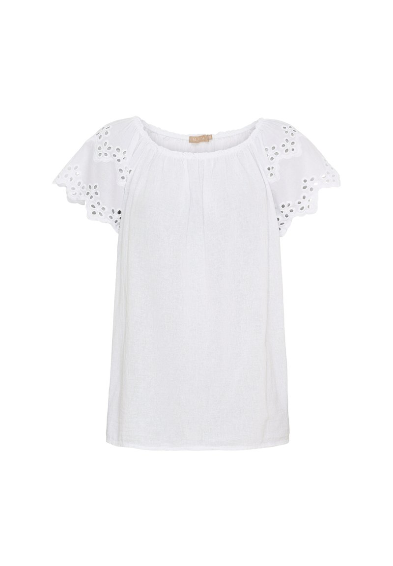 Hvid bluse med korte, broderede ærmer og en rynket halsudskæring. Lavet af let stof med blomsterudsavede mønstre på ærmerne.