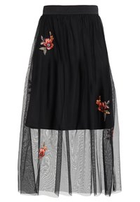 Jupe noire midi avec superposition en maille transparente et accents floraux rouges brodés, ceinture froncée et doublure longueur genou.
