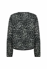 Leopard print sweater in black and gray, featuring long sleeves and a rounded neckline, with a soft fabric texture and a ribbed hem.