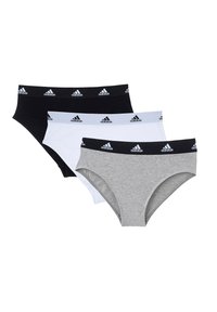 Tre coppie di slip da donna: nero, bianco e grigio. Ognuno presenta un elastico con logo e molteplici righe. Tessuto in misto cotone.