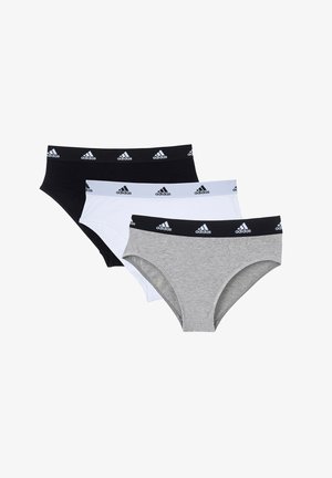 Drie paren damesondergoed: zwart, wit en grijs. Elk heeft een tailleband met een logo en meerdere strepen. Gemaakt van katoenmix.