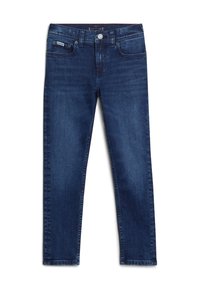 Jeans in denim blu con un taglio dritto. Presentano cinque tasche, una chiusura con bottone frontale e delicate sfumature lungo le cosce.