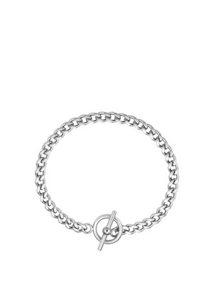 Zilveren kettingarmband met ronde togglesluiting in het midden op een witte achtergrond.