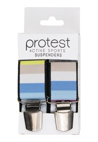 Kleurige gestreepte actieve sportbretels in blauw, geel en beige, met metalen clips en een gestructureerde stofafwerking.