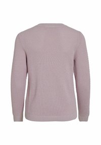 Lila tröja med ett strukturerat stickmönster, långa ärmar och rundad halsringning, med ribbad mudd och nederkant.