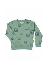 Grön sweatshirt med blå djuransikten och cirkulära m önster, med en framficka, rund halsringning och ribbade ärmslut och fåll.