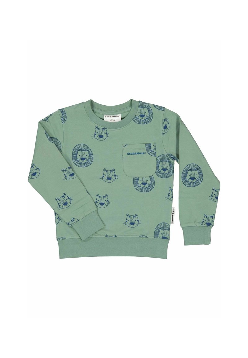 Grön sweatshirt med blå djuransikten och cirkulära mönster, med en framficka, rund halsringning och ribbade ärmslut och fåll.