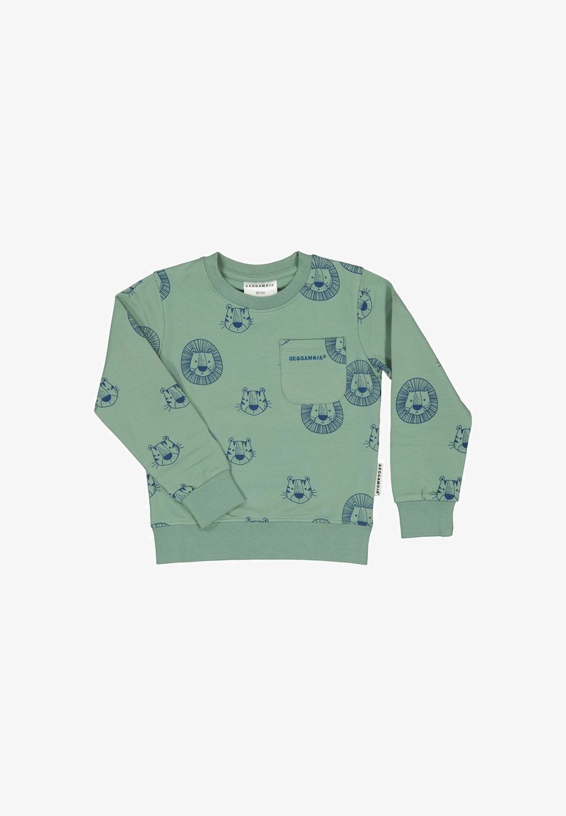 Vihreä collegepaita, jossa on sinisiä eläin kasvoja ja pyöreitä kuvioita, edessä tasku, pyöreä kaula-aukko sekä ribbaatut hihansuut ja helma.