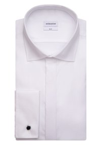 Chemise blanche ajustée en tissu texturé. Dotée d'un col classique, d'un poignet simple avec un bouton noir et de détails cousus.