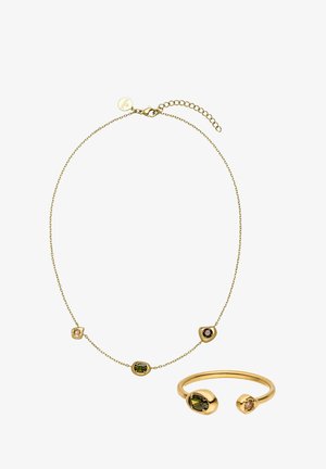 Delicate gold chain necklace with three colored gemstones and matching open gold ring with two gemstones.