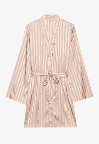 Satijnen robe in zachtroze met verticale strepen, lange mouwen, een wikkelontwerp en een bijpassende strikceintuur in de taille. Glad oppervlak overal.