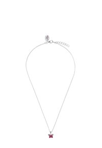 Zilveren ketting met een vlinderhanger, voorzien van roze juweelaccenten en een sluiting met kettingverlenging voor verstelbare lengte.