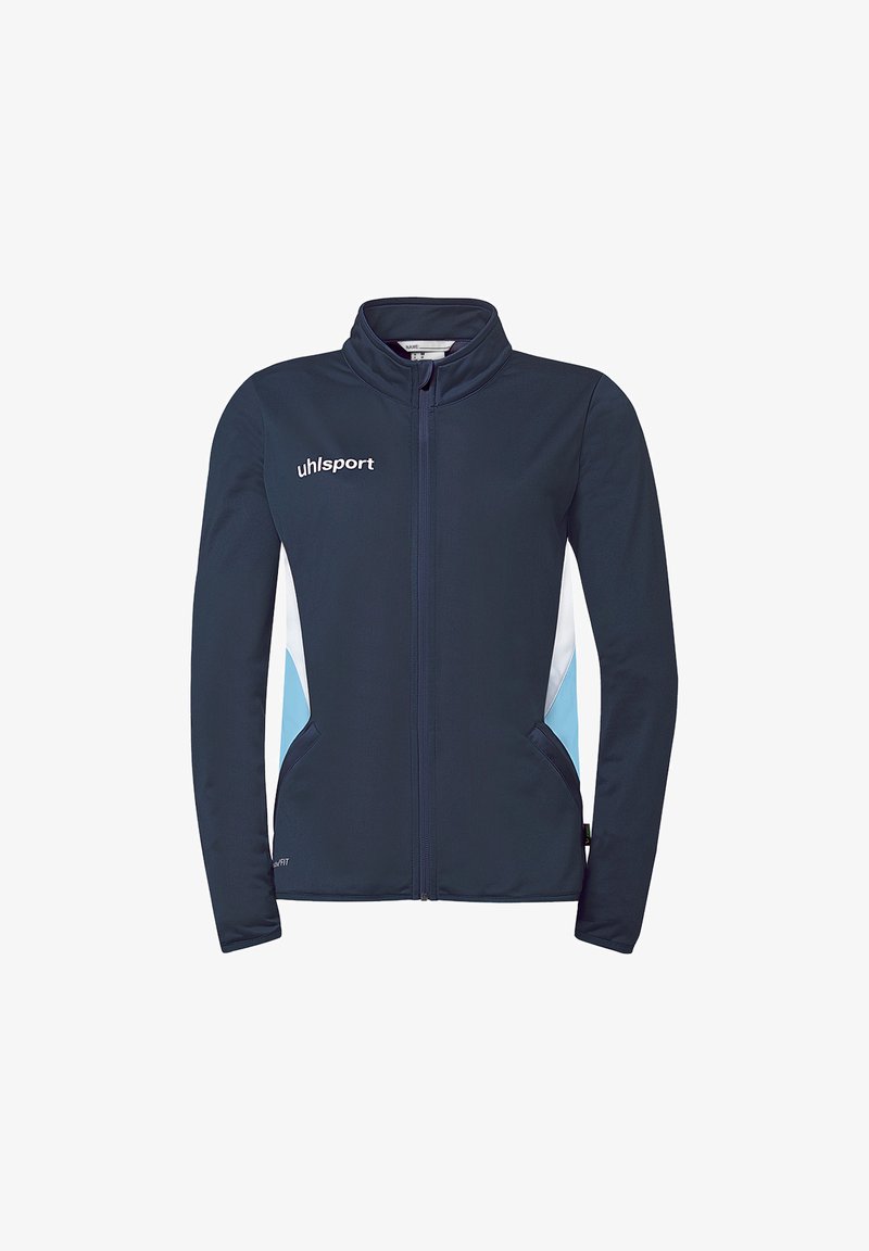 Veste de sport bleu marine à fermeture éclair avec des panneaux latéraux blancs et bleu clair, col montant, et logo "uhlsport" sur la poitrine.