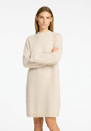 Beiges Strickkleid mit hohem Kragen, langen Ärmeln und lässiger Passform. Weiche, fuzzy Textur mit Fransen am Saum.
