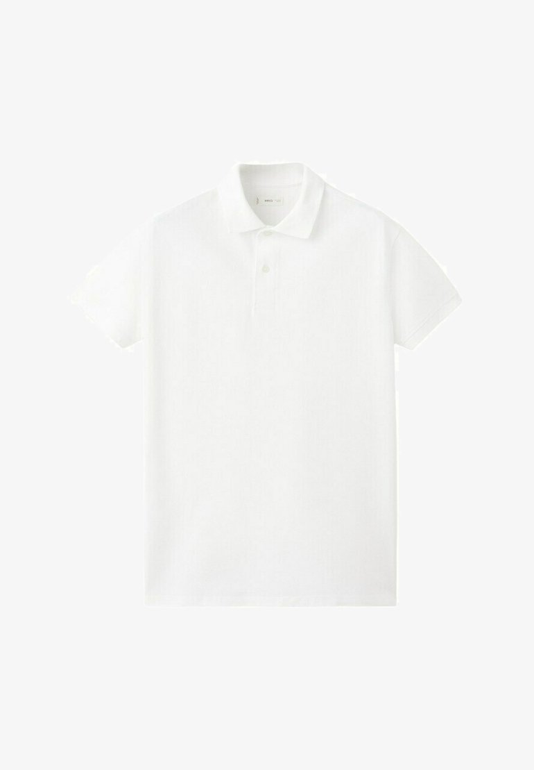 Polo blanc uni à manches courtes avec col et deux boutons, posé à plat sur fond blanc.