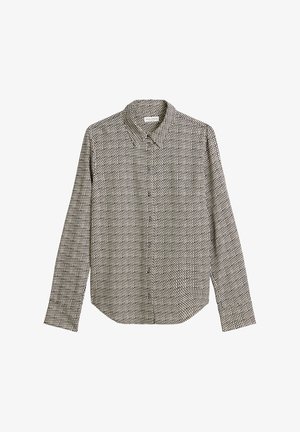 Czarna i biała wzorzysta koszula z długim rękawem, z kołnierzykiem w kształcie spiczastym i z przodem zapinanym na guziki, z geometrycznymi kształtami i gładką fakturą materiału.