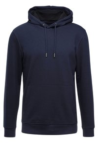 Sudadera con capucha azul marino hecha de una mezcla de algodón. Cuenta con un bolsillo tipo canguro, capucha con cordón, puños y dobladillo acanalados para un ajuste ceñido.