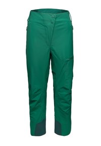 Pantaloni da esterno verdi con una texture liscia, dotati di due bottoni in vita, tasche laterali e pannelli inferiori rinforzati.