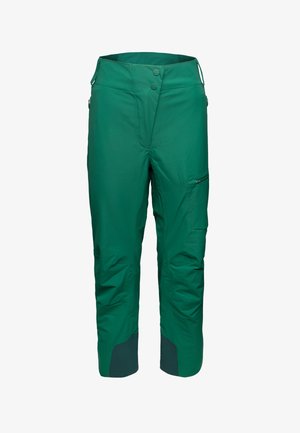 Pantalons d'extérieur verts avec une texture lisse, comportant deux boutons à la taille, des poches latérales et des panneaux inférieurs renforcés.