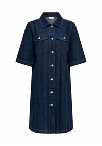 Jeansklänning i mörkblått med korta ärmar, framknappar, två bröstfickor och kontrasterande sömnadsdetaljer.