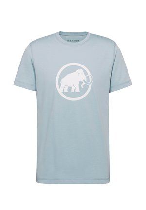 Hellblaues T-Shirt mit kurzen Ärmeln und Rundhalsausschnitt, vorne in der Mitte ein weißes Mammut-Logo in einem Kreis.