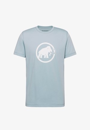 Hellblaues T-Shirt mit kurzen Ärmeln und Rundhalsausschnitt, vorne in der Mitte ein weißes Mammut-Logo in einem Kreis.