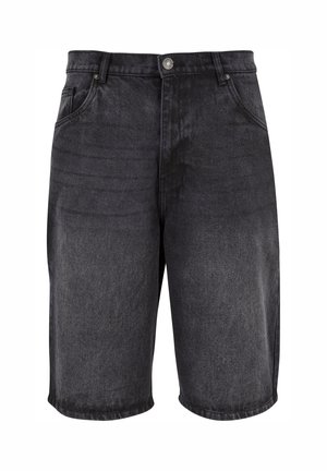 Zwarte denim shorts met knoop- en ritssluiting aan de voorkant, riemlussen en zijzakken, getoond op een witte achtergrond.