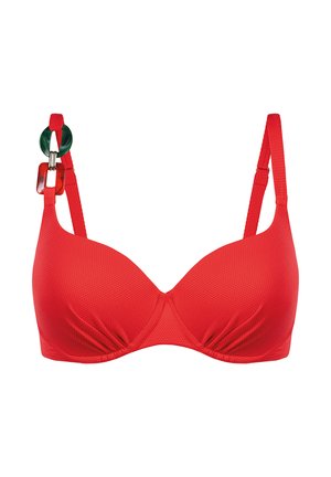 Czerwony teksturowany biustonosz z fiszbinami, regulowanymi ramiączkami oraz ozdobnymi zielonymi i żółwiowymi ogniwami na jednym ramiączku.