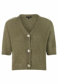 Olivgrüner kurzärmeliger Cardigan, strukturierter Strickmuster, V-Ausschnitt, fünf Knöpfe vorne, geripptes Bündchen und Manschetten.