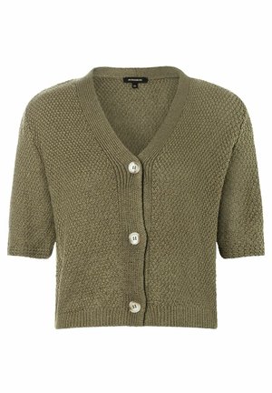 Olijfgroen, kort mouwen cardigan, met een getextureerd breipatroon, V-hals, vijf knopen aan de voorkant, geribbelde zoom en manchetten.