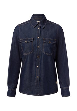 Donkerblauw denim overhemd met lange mouwen, drukknopen, twee borstzakken met klep en contrasterend stiksel op kraag, manchetten en voorkant.