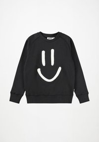 Černá mikina s dlouhým rukávem a bílým texturovaným designem usmívající se tváře na přední straně, s kulatým výstřihem.