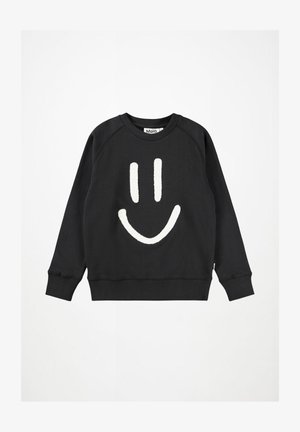Sweatshirt preto de mangas compridas com design de smiley face texturizado branco na frente e decote redondo.
