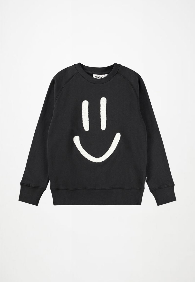 Černá mikina s dlouhým rukávem a bílým texturovaným designem usmívající se tváře na přední straně, s kulatým výstřihem.
