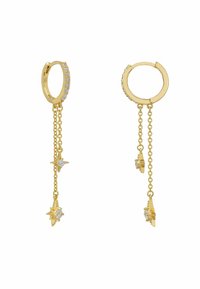 Gold hoop earrings with a chain drop, featuring star-shaped accents and small clear stones embedded along the hoop and chain.