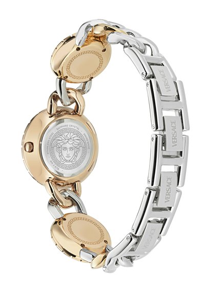 Ceas din oțel inoxidabil aurit și argintiu, cu cristal de safir, carcasă circulară, brățară din lanț, logo-ul Medusa gravat, marcă Versace.