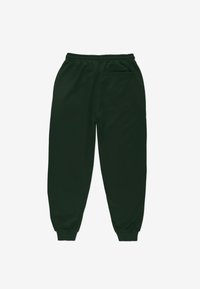 Ciemnozielone dresy wykonane z miękkiego materiału, z elastycznym pasem w talii i ściągaczami na kostkach, z jedną tylną kieszenią.