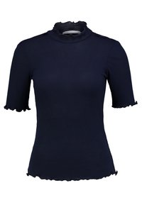 Top à manches courtes côtelé bleu marine avec un col montant froncé et un ourlet festonné. Fabriqué en tissu extensible pour un look ajusté.