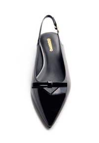Black patent leather slingback flat with pointed toe, featuring a small black bow accent at the front and a smooth, shiny finish.