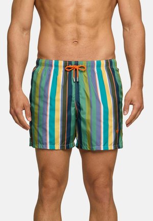 Uomo che indossa pantaloncini da bagno a righe verticali multicolori con coulisse arancione, mostrato dalla metà del torso alla metà della coscia su uno sfondo semplice.