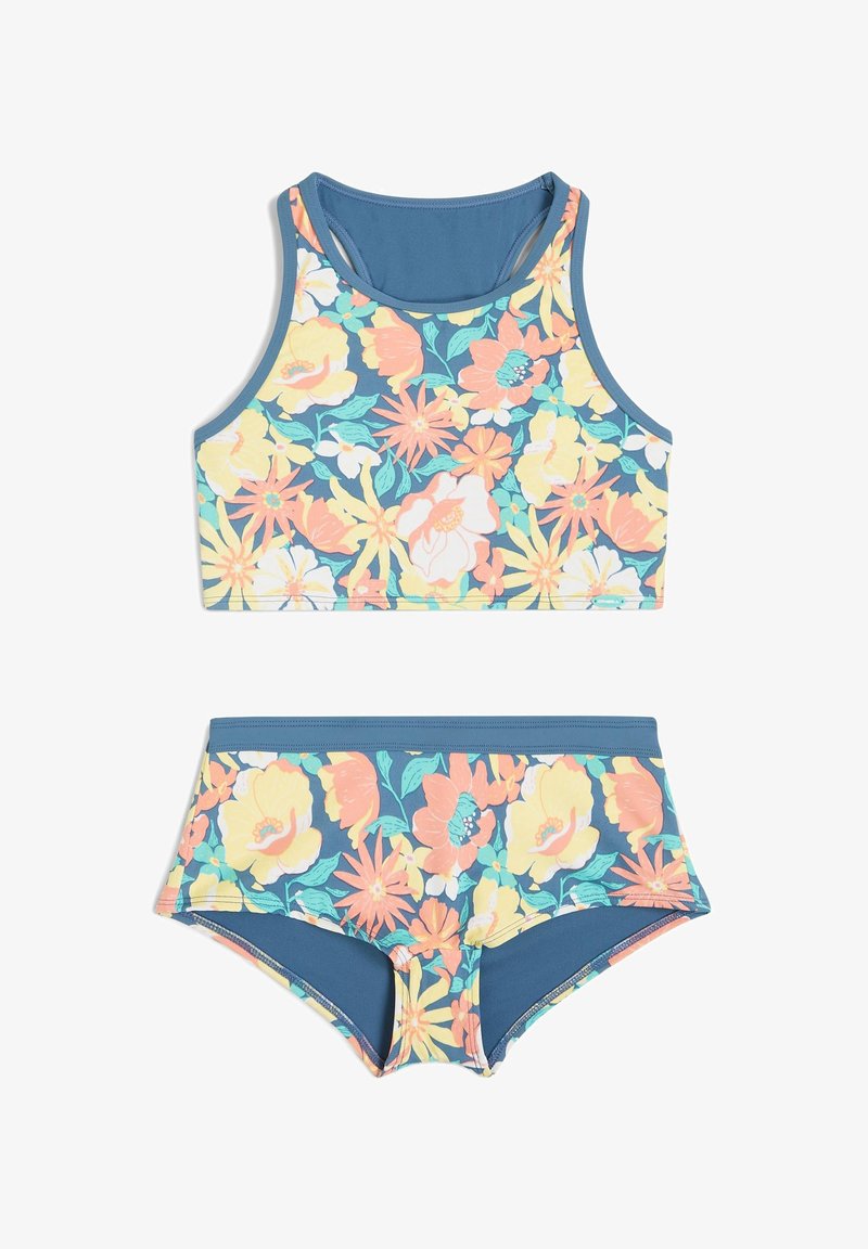 Multifärgad blommig bikiniset med ett tank-topp och matchande underdelar, utformad med livliga mönster och slät textur.