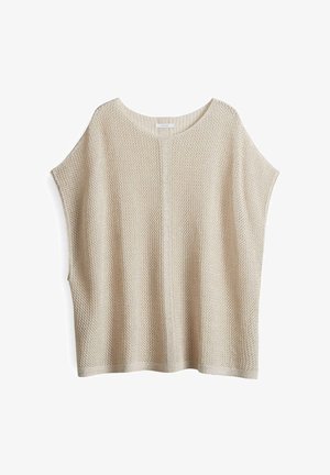 Beige gebreide pullover met een losse pasvorm, korte mouwen en een gestructureerd patroon. Heeft een ronde halslijn en een rechte zoom.