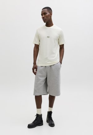 Man draagt een off-white overhemd met korte mouwen, grijze knielange shorts, crèmekleurige sokken en zwarte veterschoenen, staand tegen een effen witte achtergrond.